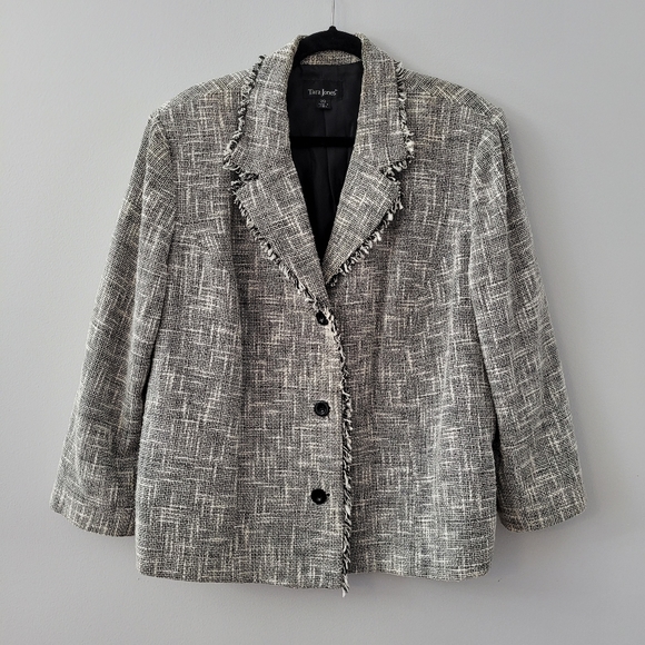 Grey Blazer Tweed Style Log Sleeve Fringed Lapel Cotton Size 20 - Picture 3 of 12